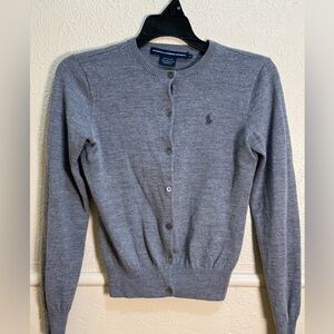 Ralph Lauren Sport Gray Logo Cardigan Crew Neck Button Front Merino Wool Small